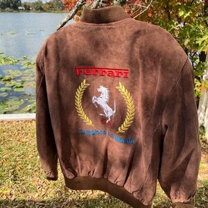 Vintage Style Auto Campione del Monde Ferrari Suede Leather Bomber Jacket Mens L